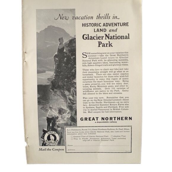 Vintage 1927 Great Northern Glacier National Park Ad Advertisement - Picture 6 of 6